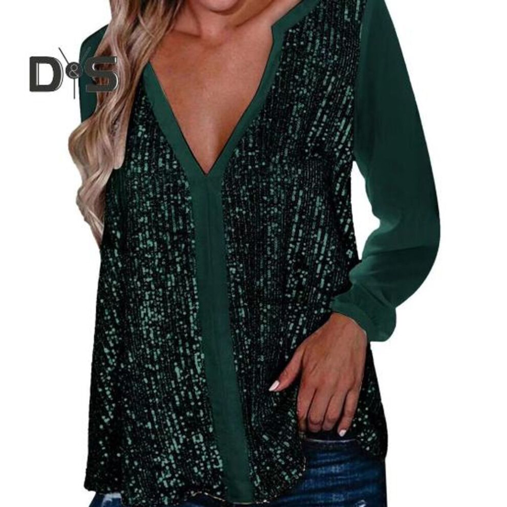 (3XL, dark green) Women Fall Spring Shirt V Neck Shiny Sequin Long Sleeve Loose Pullover Soft Breathable Mid Length Solid Color Lady Performance Party Blouse Top
