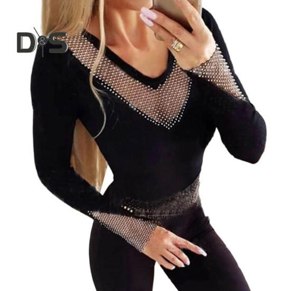 (S, black) Women Slim Fit T Shirt V Neck O Neck Long Sleeve Tee Tops Rhinestone Mesh Hollow Heart Velvet Patchwork Pullover Tops