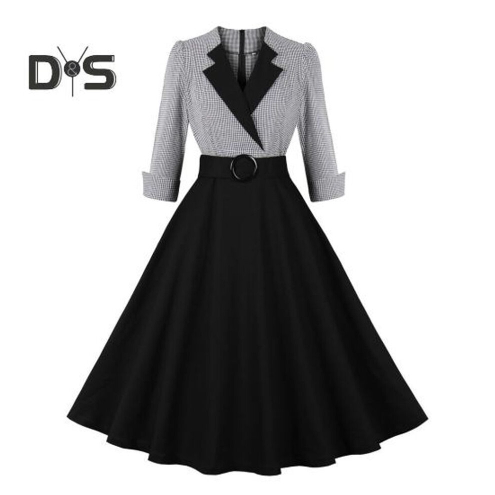 (black, S) Women Dress Plad Print Belted High Waist A line Big Hem Patchwork Three Quarter Sleeve Color Matching Back Zipper Retro Lapel Prom Party Midi Dress