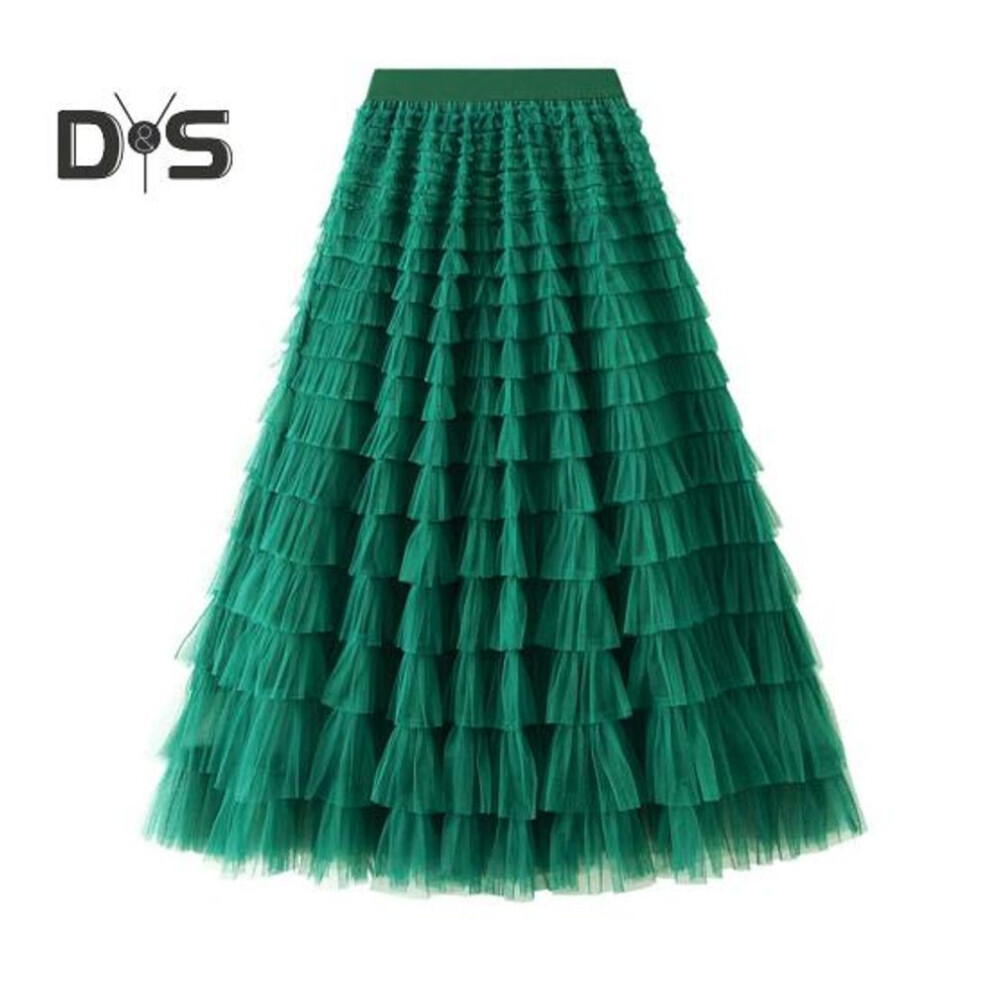 (L, dark green) Women Skirt High Waist A-line Big Swing Ruffle Solid Color Scattered Hem Pleated Patchwork Solid Color Princess Style Elastic Waist Ankle Length Maxi