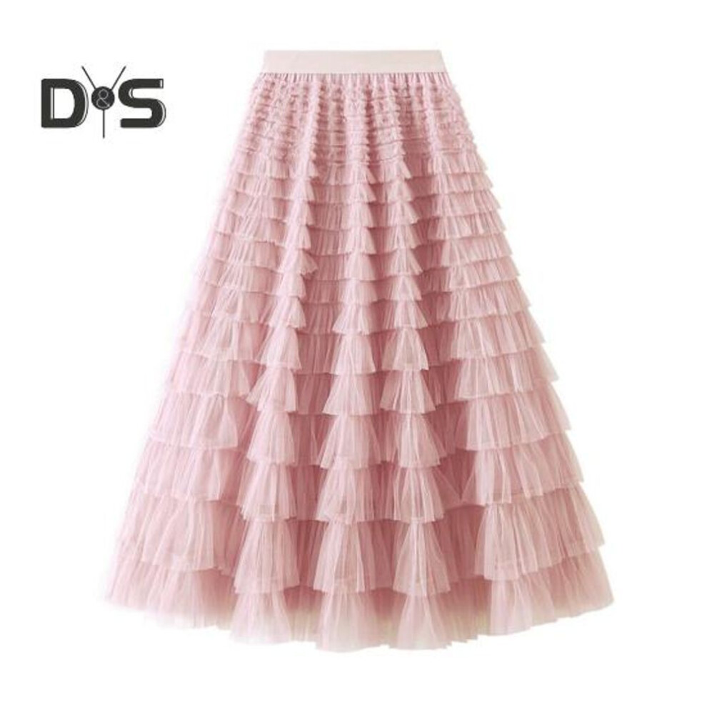 (M, pink) Women Skirt High Waist A-line Big Swing Ruffle Solid Color Scattered Hem Pleated Patchwork Solid Color Princess Style Elastic Waist Ankle Length Maxi