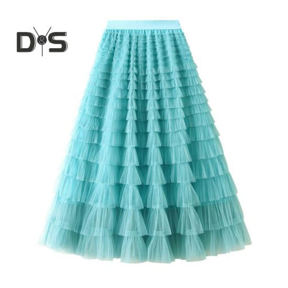 (L, lake blue) Women Skirt High Waist A-line Big Swing Ruffle Solid Color Scattered Hem Pleated Patchwork Solid Color Princess Style Elastic Waist Ankle Length Maxi