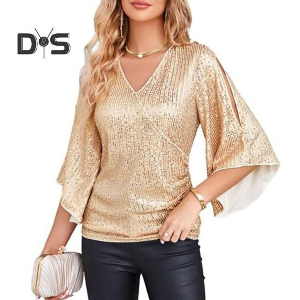 (2XL, golden) Women Top Shiny Sequin Hollow Out Three Quarter Horn Sleeve Solid Color V Neck Loose Pullover Soft Breathable Lady Commute Prom Blouse