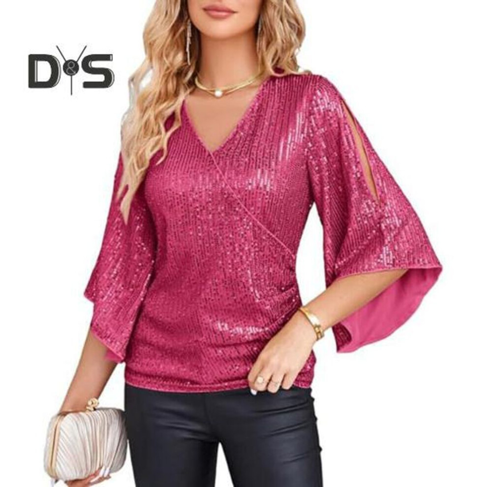 (XL, rose red) Women Top Shiny Sequin Hollow Out Three Quarter Horn Sleeve Solid Color V Neck Loose Pullover Soft Breathable Lady Commute Prom Blouse