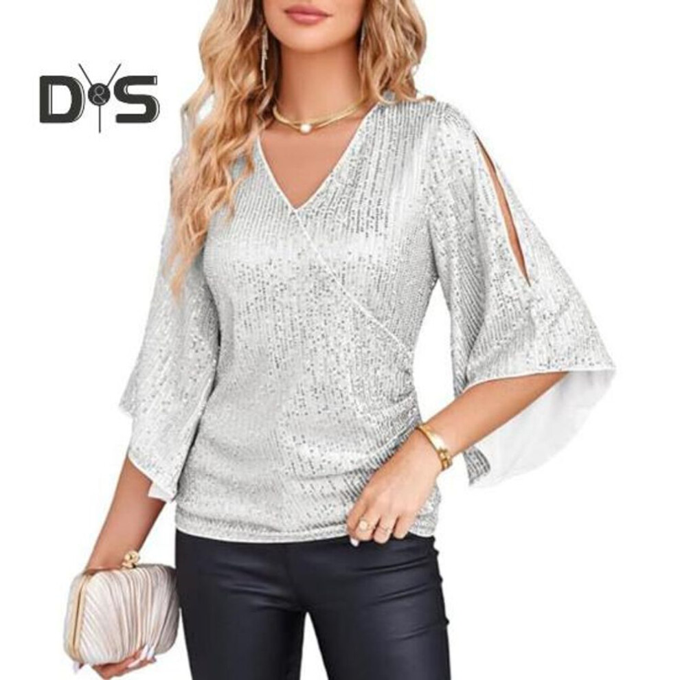 (S, silver white) Women Top Shiny Sequin Hollow Out Three Quarter Horn Sleeve Solid Color V Neck Loose Pullover Soft Breathable Lady Commute Prom Blouse