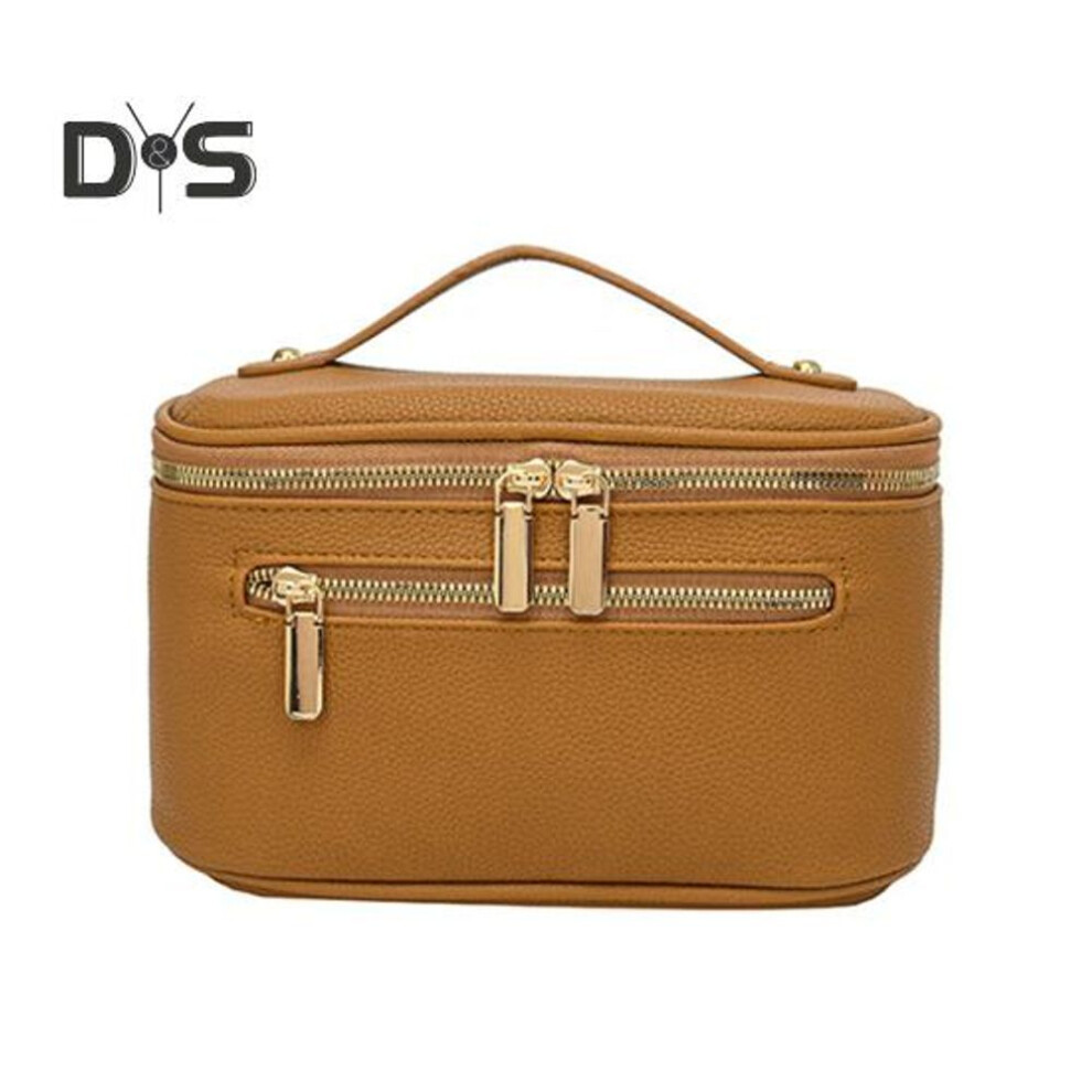(brown) Cosmetic Bag Makeup Case with Handle Large Capacity Zipper Closure Lightweight Portable Vanity Case Travel Toiletry Bag