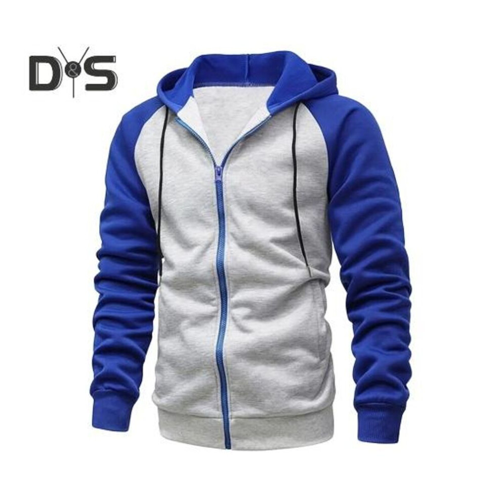 (blue, 2XL) Men Hoodie Coat Contrasting Color Hooded Drawstring Zip-up Long Sleeves Pockets Plush Stretchy Hem And Cuffs Sport Fitness Jacket