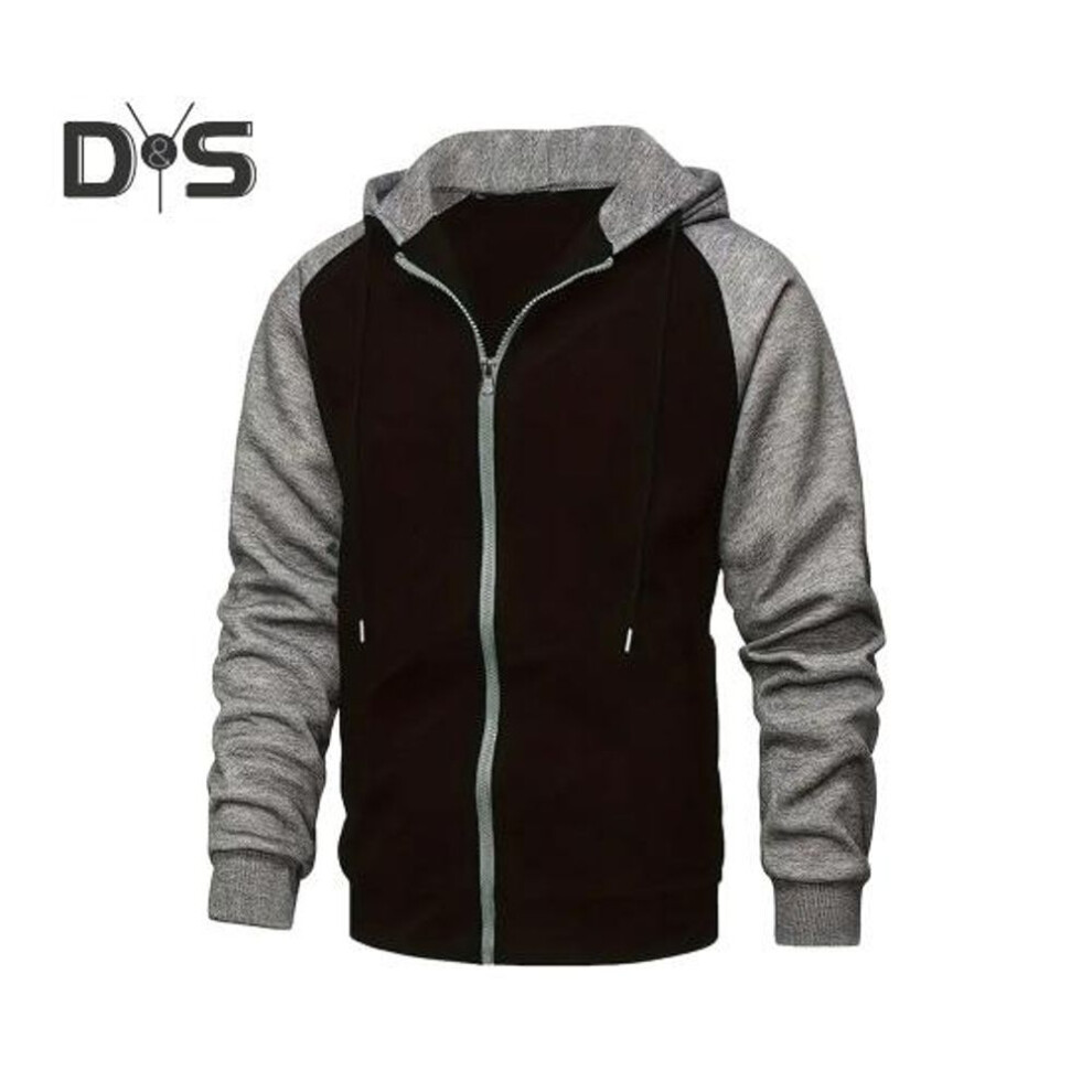 (black, M) Men Hoodie Coat Contrasting Color Hooded Drawstring Zip-up Long Sleeves Pockets Plush Stretchy Hem And Cuffs Sport Fitness Jacket