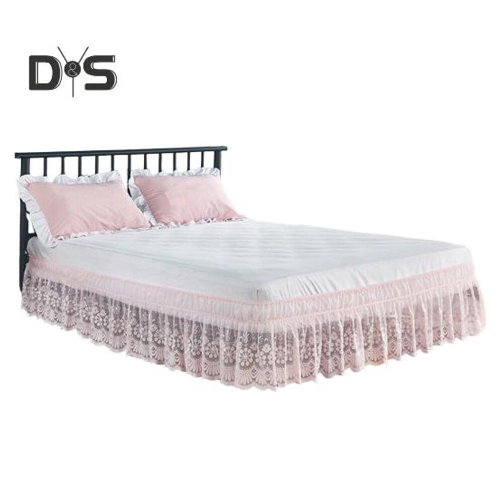 (pink, S) Lace Bed Skirt 15" Drop Elastic Dust Ruffle Bedskirt Wrap Around 3 Sides of Bed Machine Washable Bed Skirt for Twin/Full/Queen/King Bed
