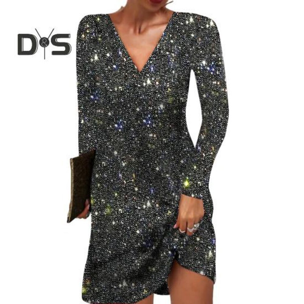 (black, S) Women Dress V Neck Long Sleeve Shiny Sequin Loose A line Solid Color Soft Breathable Pullover Elastic Above Knee Length Party Club Mini Dress