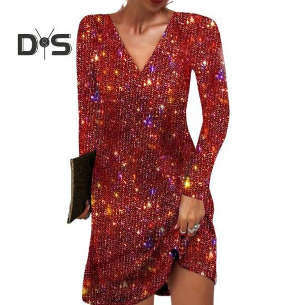 (red, XL) Women Dress V Neck Long Sleeve Shiny Sequin Loose A line Solid Color Soft Breathable Pullover Elastic Above Knee Length Party Club Mini Dress
