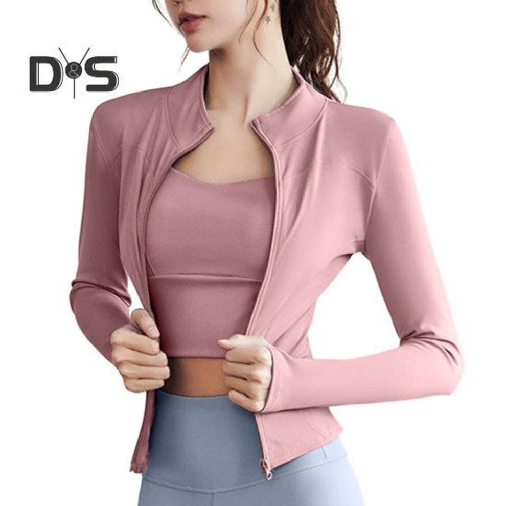 (S, pink) Women Sports Top Stand Collar Zipper Closure Cardigan Sweat Absorption Soft Breathable Thin Elastic Slim Fit Long Sleeve Quick Dry Lady Jogging Gym