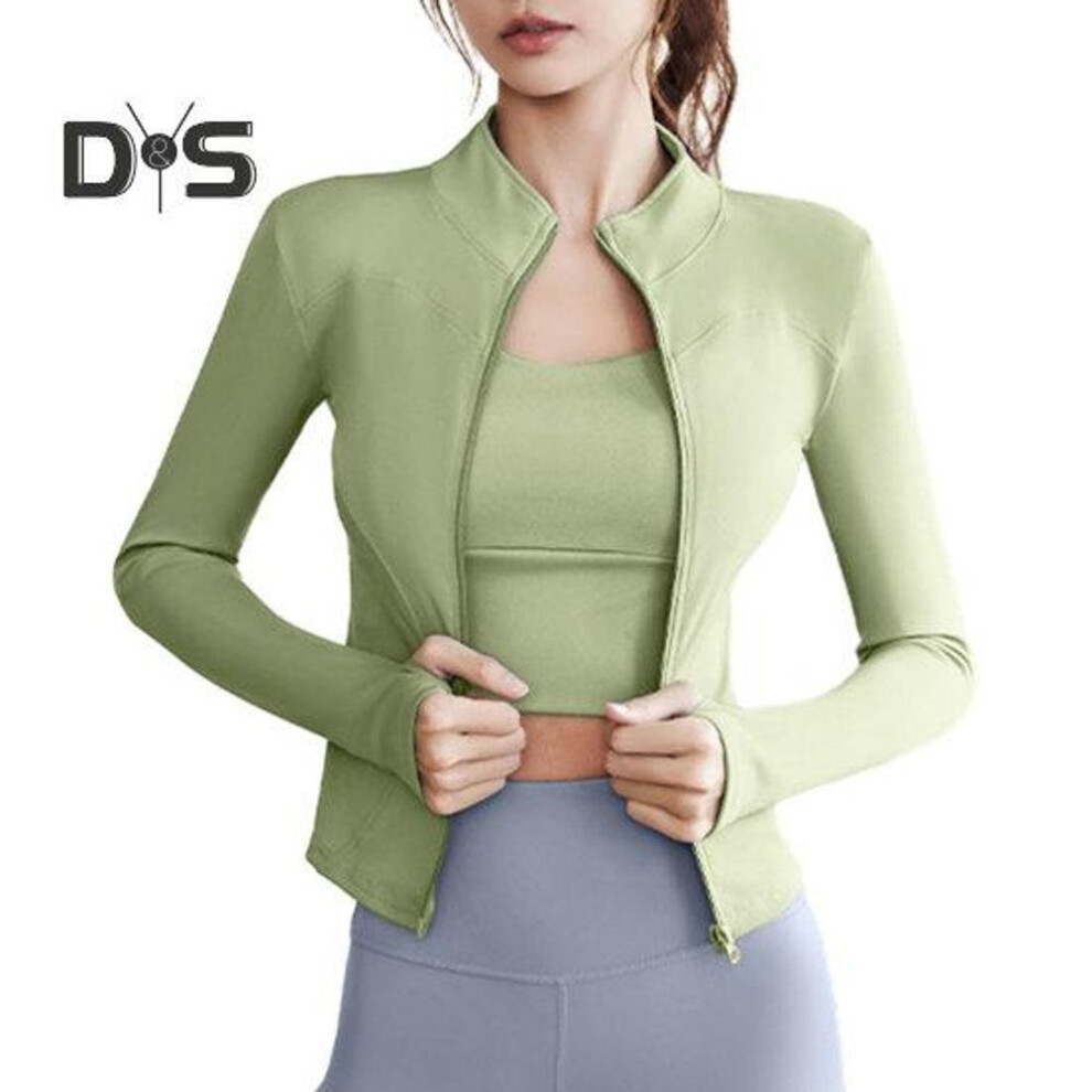 (S, green) Women Sports Top Stand Collar Zipper Closure Cardigan Sweat Absorption Soft Breathable Thin Elastic Slim Fit Long Sleeve Quick Dry Lady Jogging Gym