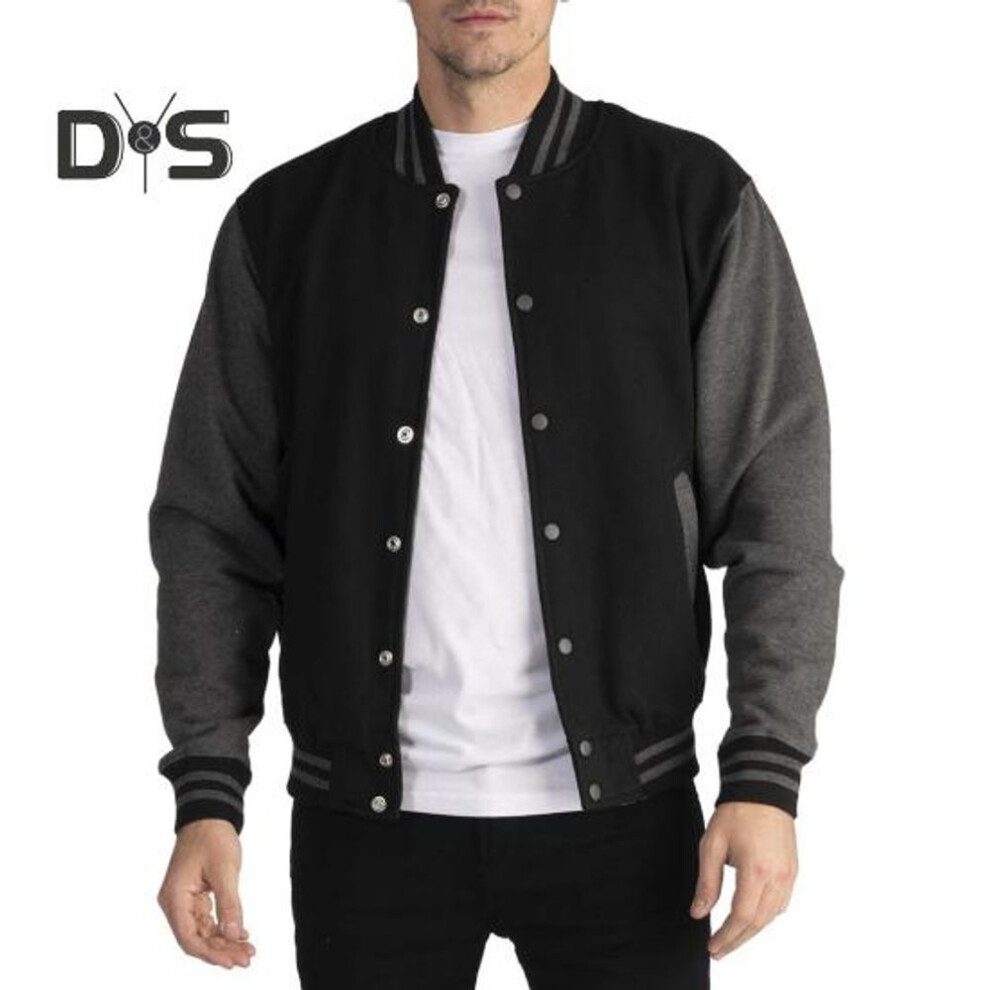 (black, XL) Men Baseball Jacket Stand Collar Long Sleeve Buttons Closure Patchwork Color Coat With Pockets Autumn Winter Fleece Lining Casual Sports Coat