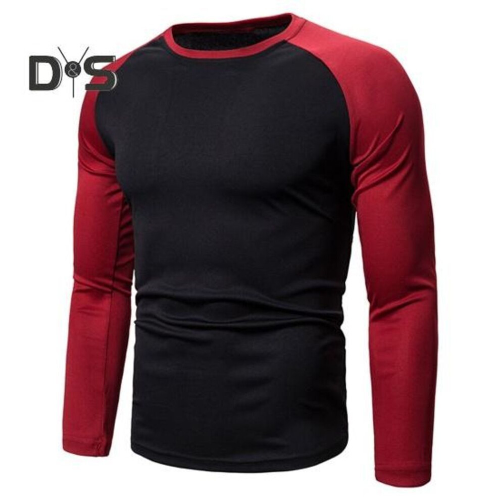 (black, M) Men Fall Spring Top Round Neck Color Matching Patchwork Slim Fit Elastic Long Sleeve Stretchy Thin Men Sport Casual T Shirt