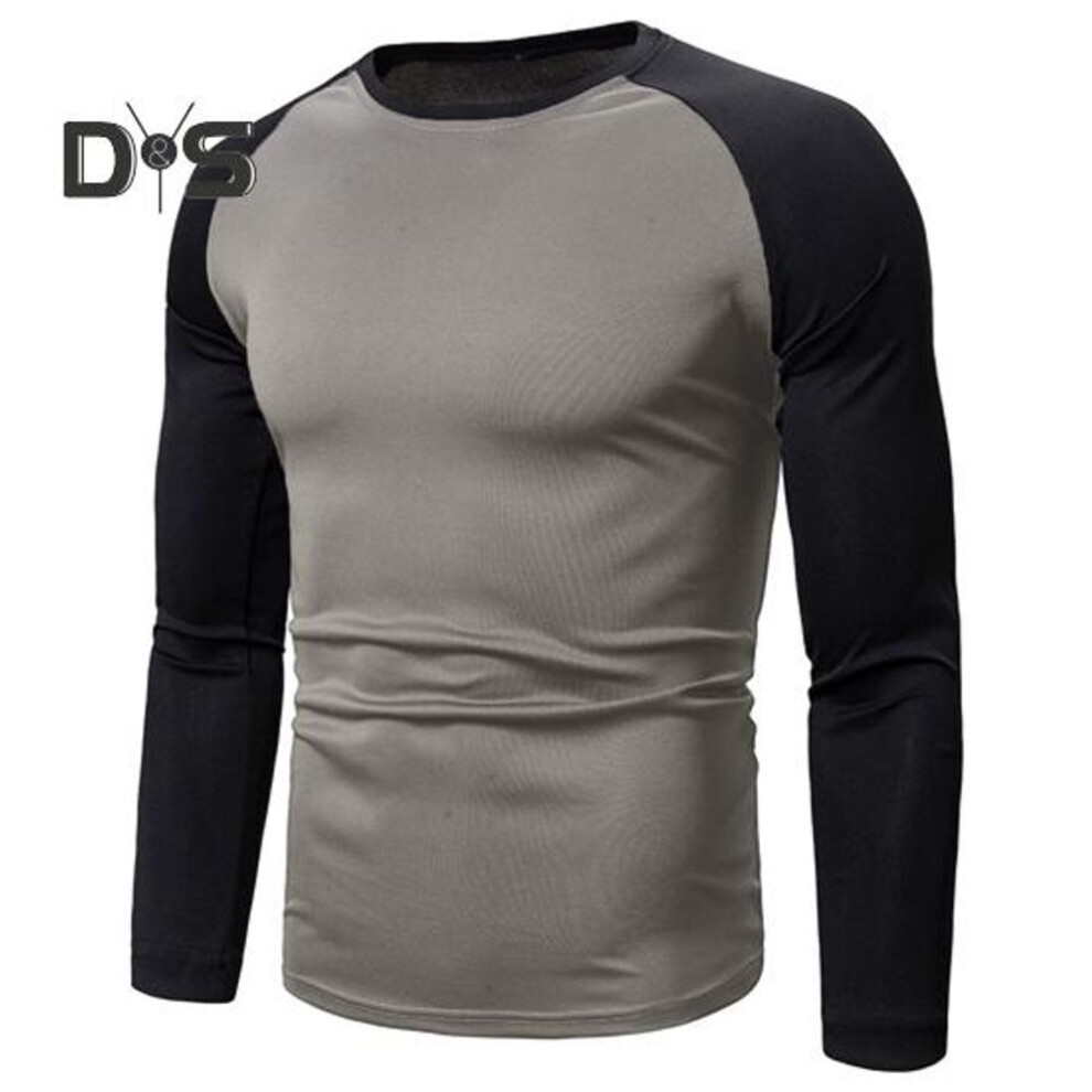(dark gray, M) Men Fall Spring Top Round Neck Color Matching Patchwork Slim Fit Elastic Long Sleeve Stretchy Thin Men Sport Casual T Shirt