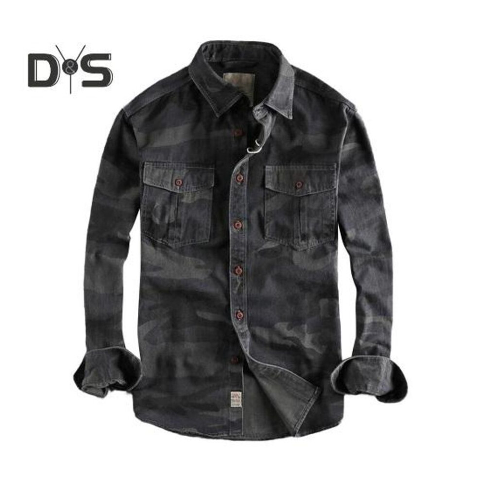 (XXXL, black) Spring Fall Men Shirt Camouflage Print Cargo Style Chest Pockets Wear Resistant Long Sleeves Turn Down Collar Button Down Outdoor Work Top
