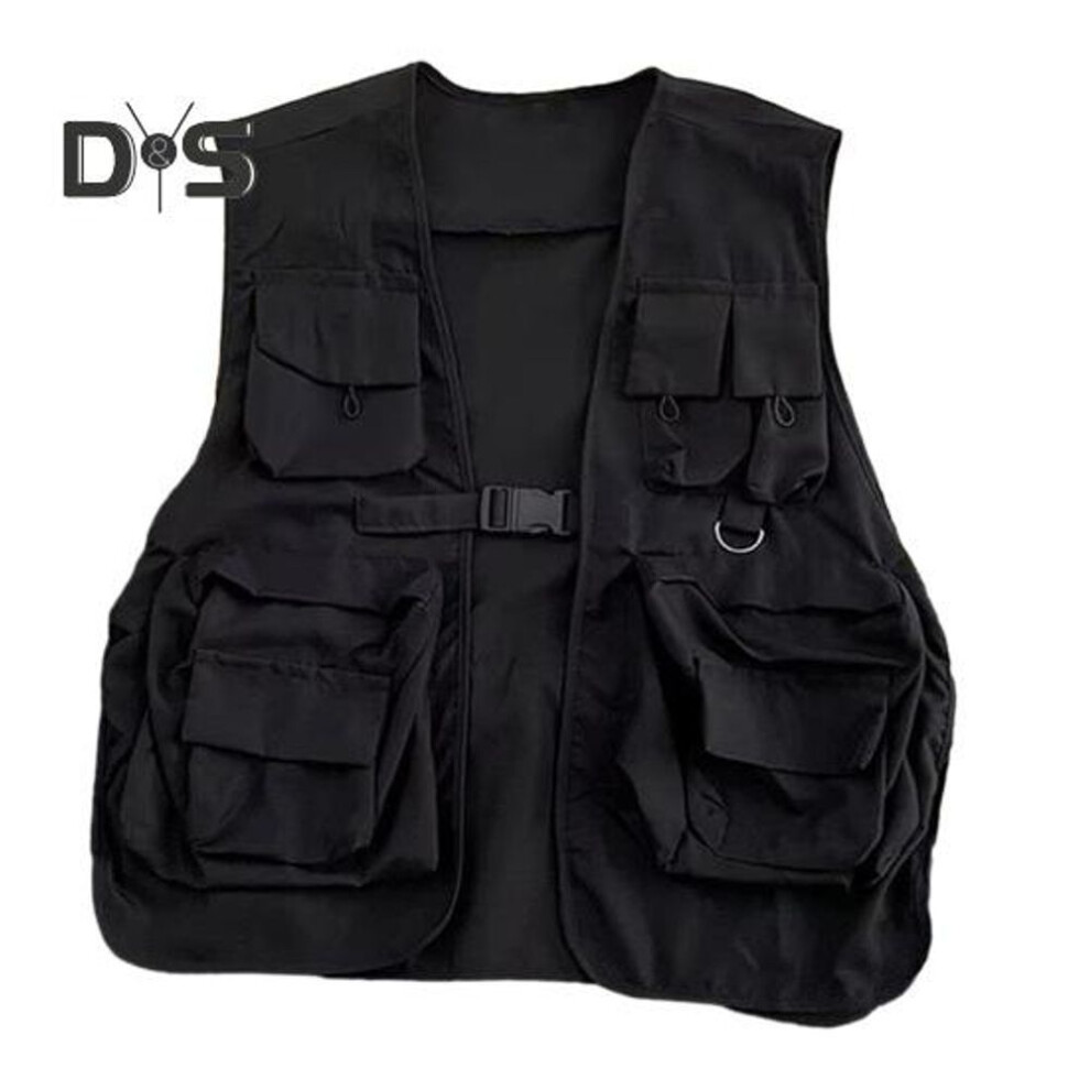 (L, black) Unisex Vest Hip Hop Style Streetwear Individual Solid Color Sleeveless Loose Buckle Closure Multi Pockets Women Men Cargo Waistcoat