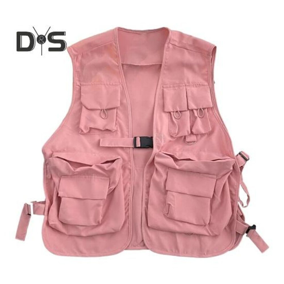 (3XL, pink) Unisex Vest Hip Hop Style Streetwear Individual Solid Color Sleeveless Loose Buckle Closure Multi Pockets Women Men Cargo Waistcoat