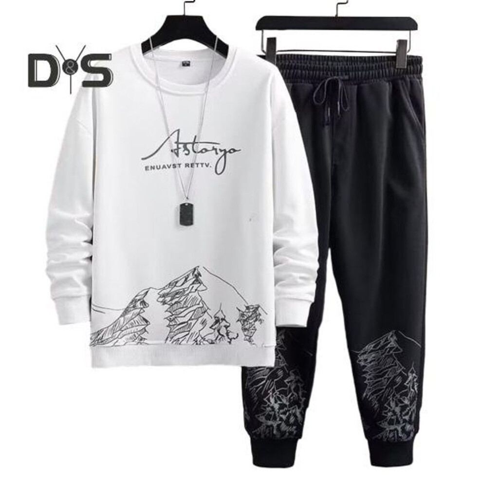 (white, 2XL) 2Pcs/Set Men Autumn Winter Casual Tracksuit Mountain Print O neck Long Sleeve Sweatshirt Elastic Waist Drawstring Jogger Pants Set