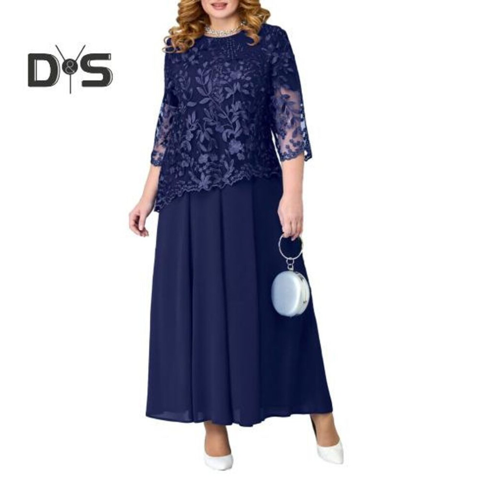 (dark blue, 3XL) Women Dress Flower Embroidery See Through Lace Three Quarter Sleeve O Neck Fake Two Piece Loose Solid Color Plus Size Elegant Maxi Dress