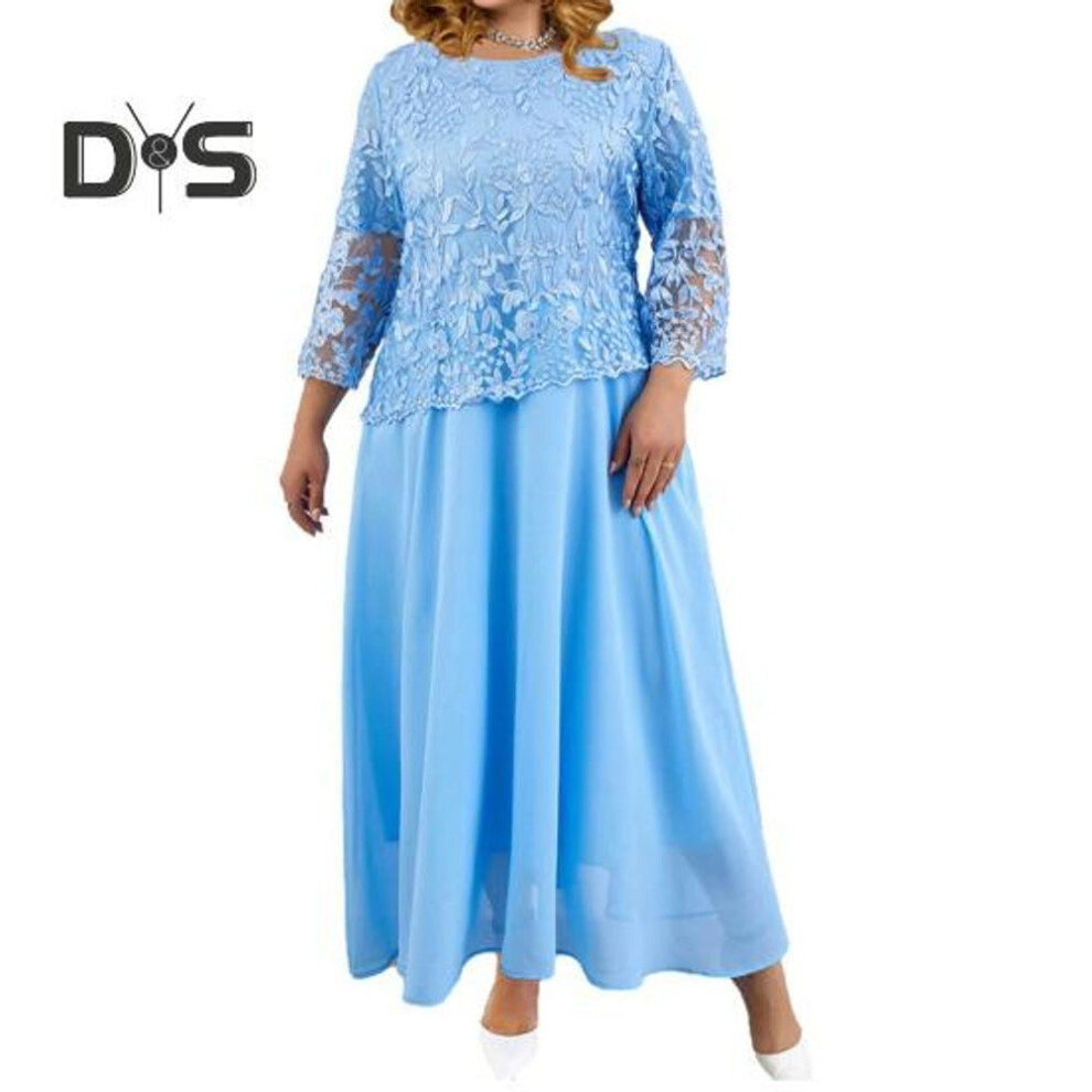 (sky blue, XL) Women Dress Flower Embroidery See through Lace Three Quarter Sleeve O Neck Fake Two piece Loose Solid Color Plus Size Elegant Maxi Dress