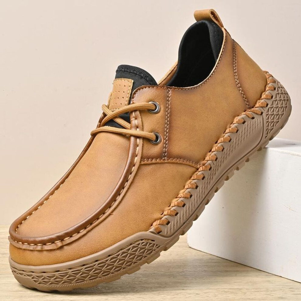 (brown, 42) Men's Hand-stitching Leather Shoes Casual Sneakers  Driving Shoe Breathable Leather Loafers Men Shoes Design Moccasins
