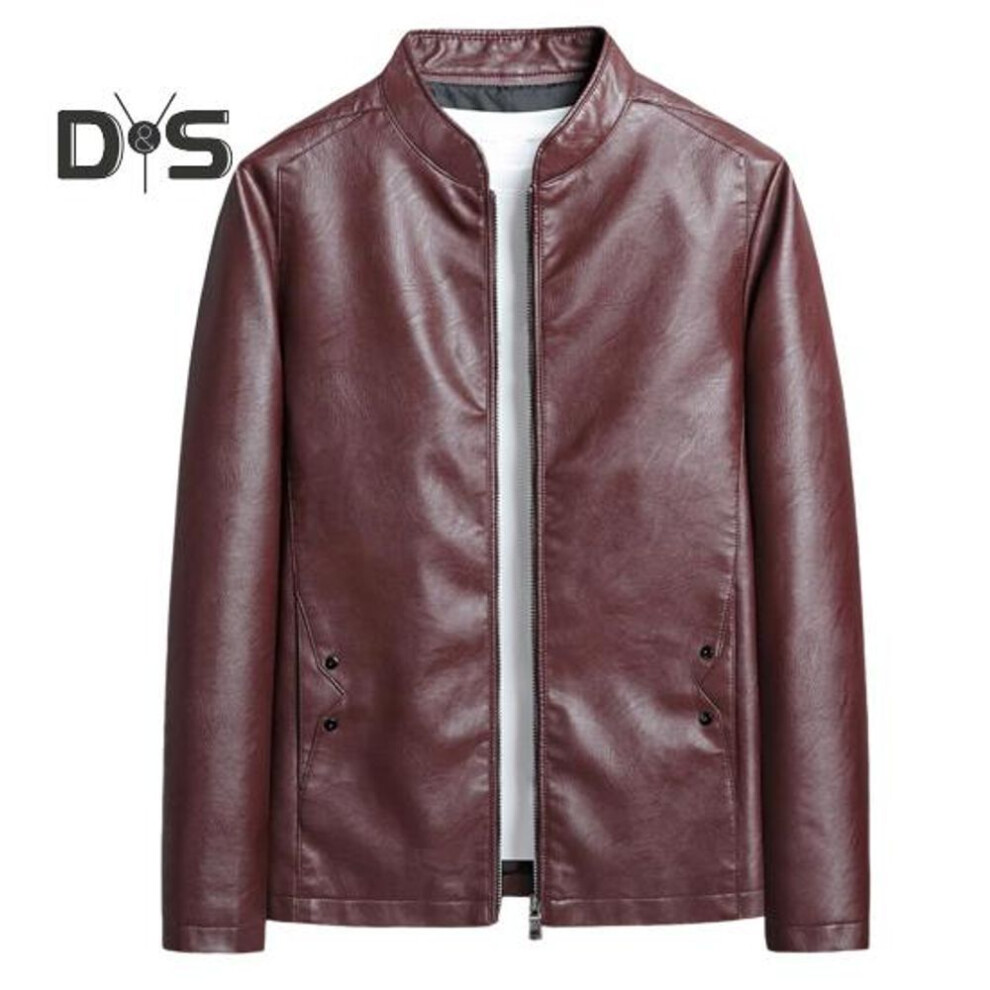 (wine red, XXXXXL) Men Imitation Leather Jacket Stand Collar Long Sleeve Zipper Closure Windbreaker with Pockets Fashion Coat