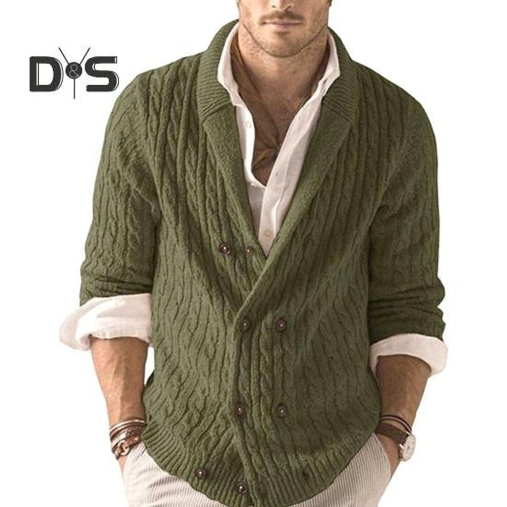 (army green, M) Fall Winter Men Sweater Double breasted Buttons Lapel Long Sleeves Twisted Texture Solid Color Thick Stretchy Knitted Coat