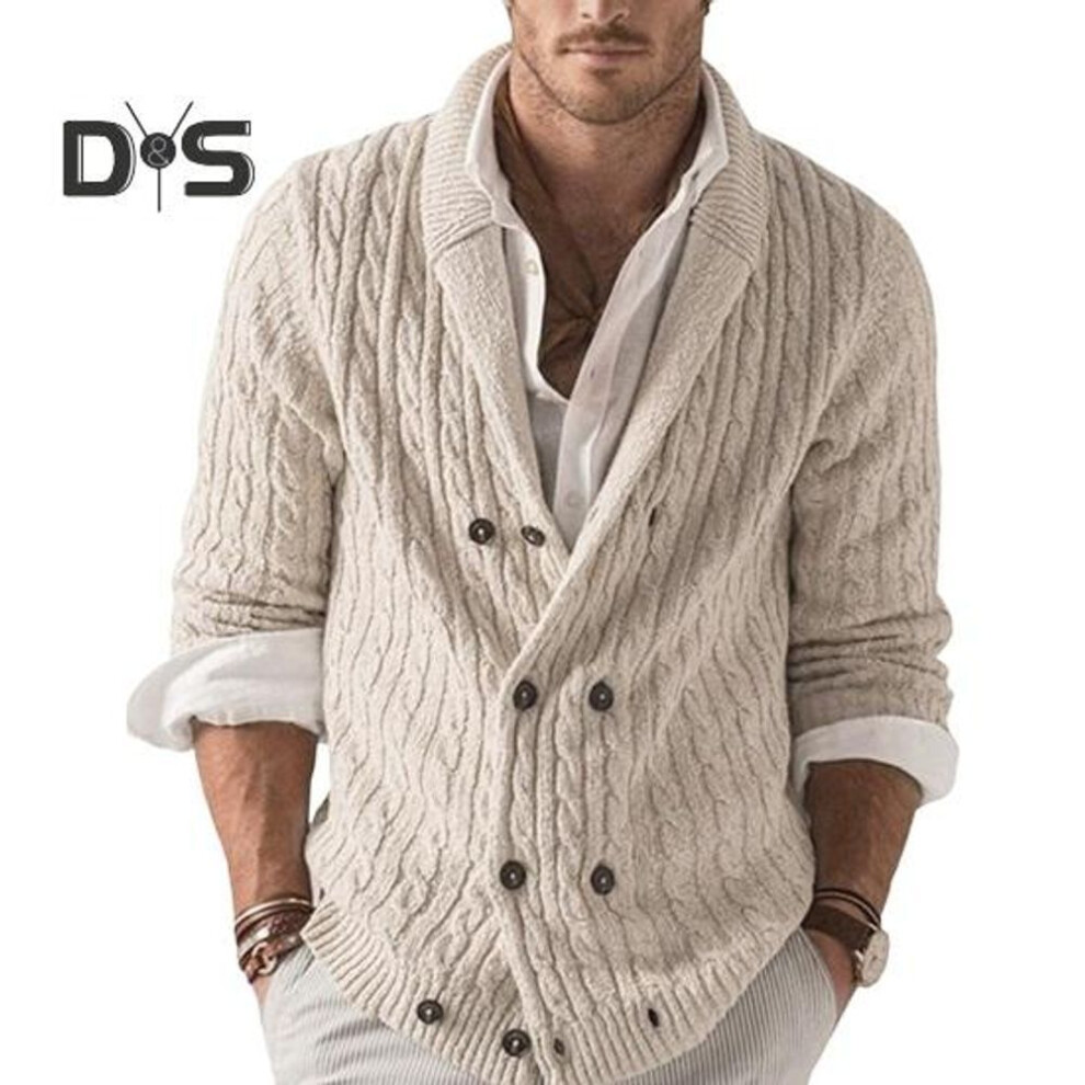 (beige, XXL) Fall Winter Men Sweater Double breasted Buttons Lapel Long Sleeves Twisted Texture Solid Color Thick Stretchy Knitted Coat