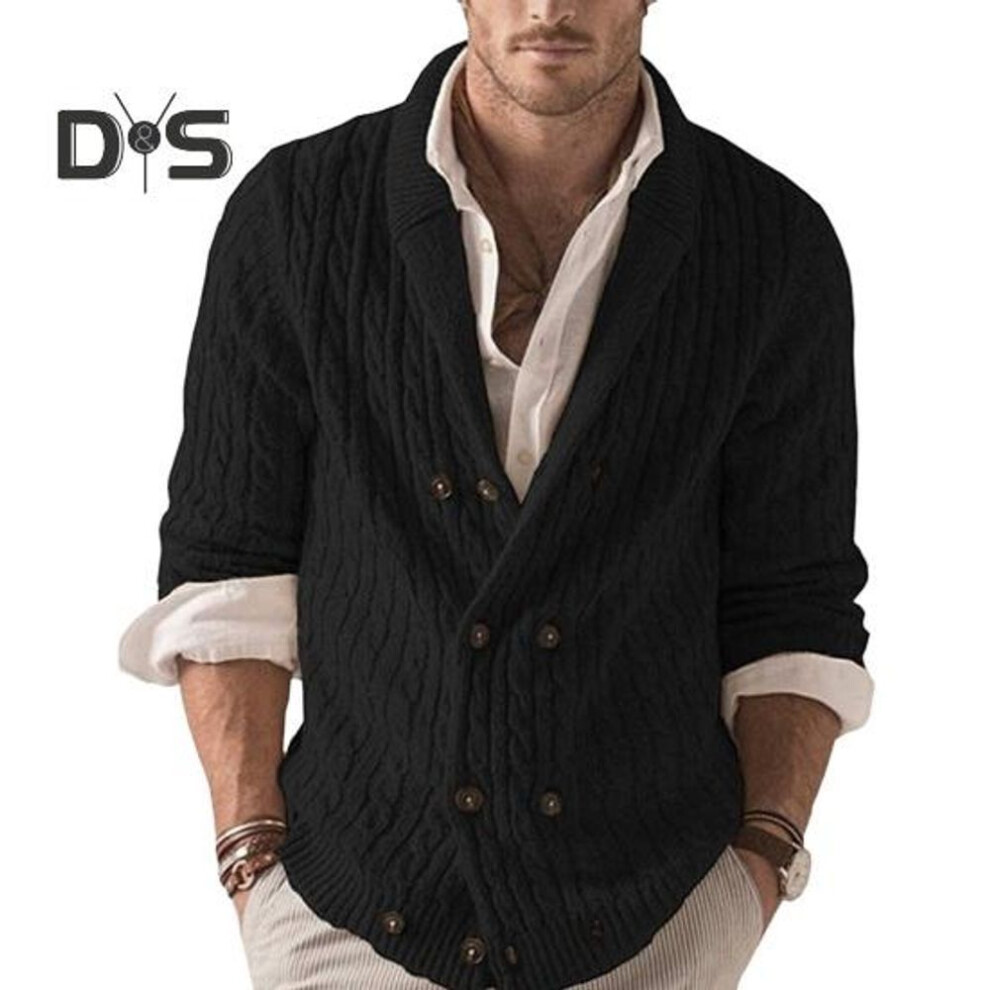 (black, XXL) Fall Winter Men Sweater Double Breasted Buttons Lapel Long Sleeves Twisted Texture Solid Color Thick Stretchy Knitted Coat