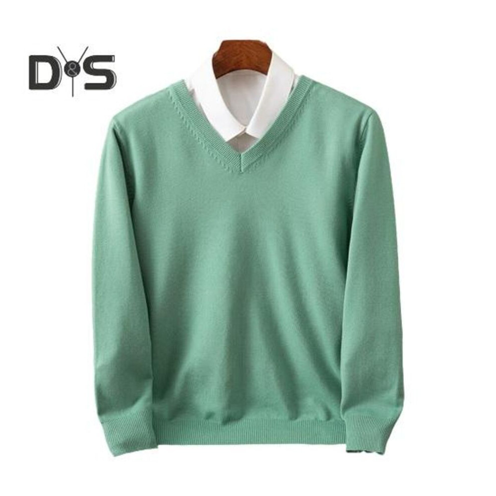 (light green, XL) Men Fall Winter Sweater Fake Two piece Shirt Patchwork Turn down Collar V Neck Long Sleeves Elastic Pure Color Slim Fit Warm Knitwear