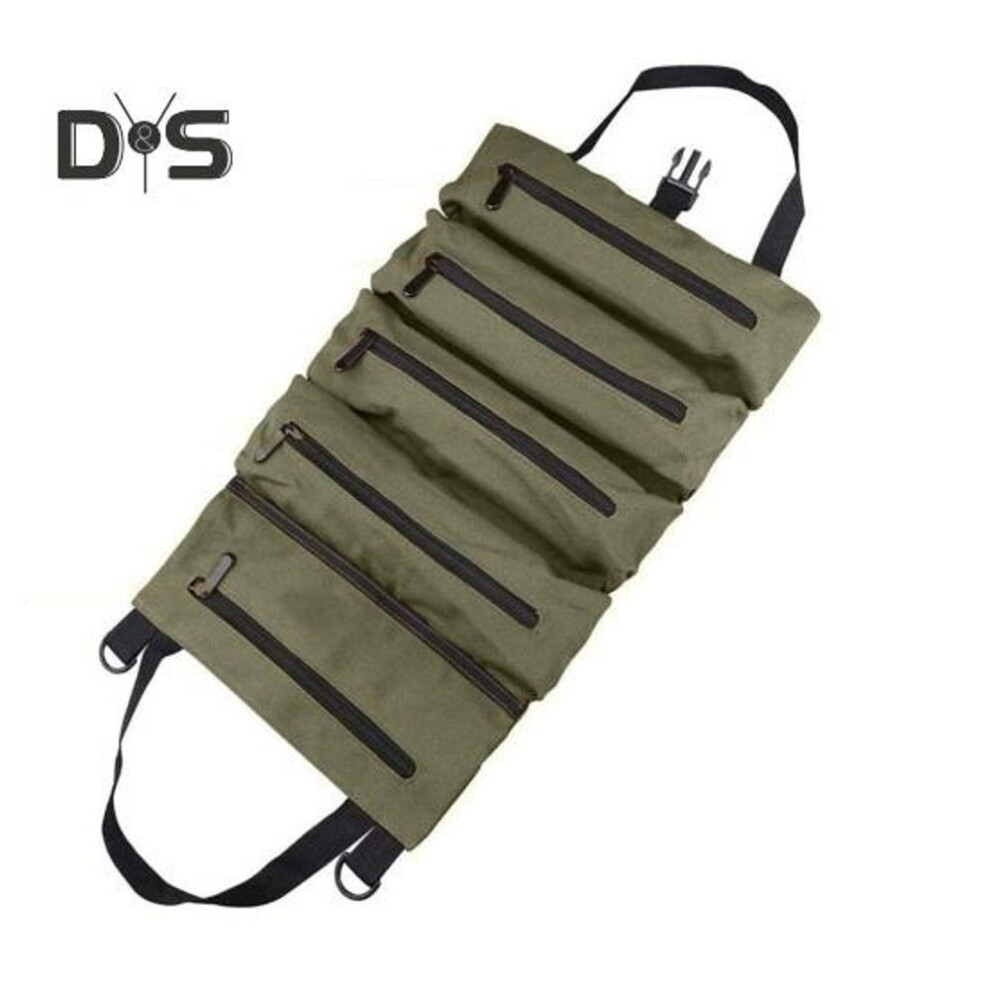 (army green) Tool Roll Organizer High Capacity Zipper Closure Multiple-pockets Solid Handles Buckles Storage Water Resistant Heavy Duty Roll Up Tool Bag Home Use