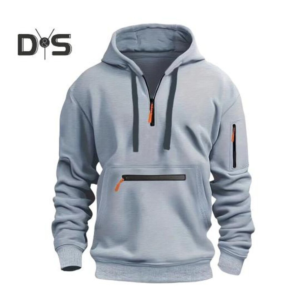 (light grey, L) Fall Winter Men Hoodie Zipper Decor Hooded Long Sleeves Loose Pure Color Multi Pockets Drawstring Elastic Cuff Pullover Top
