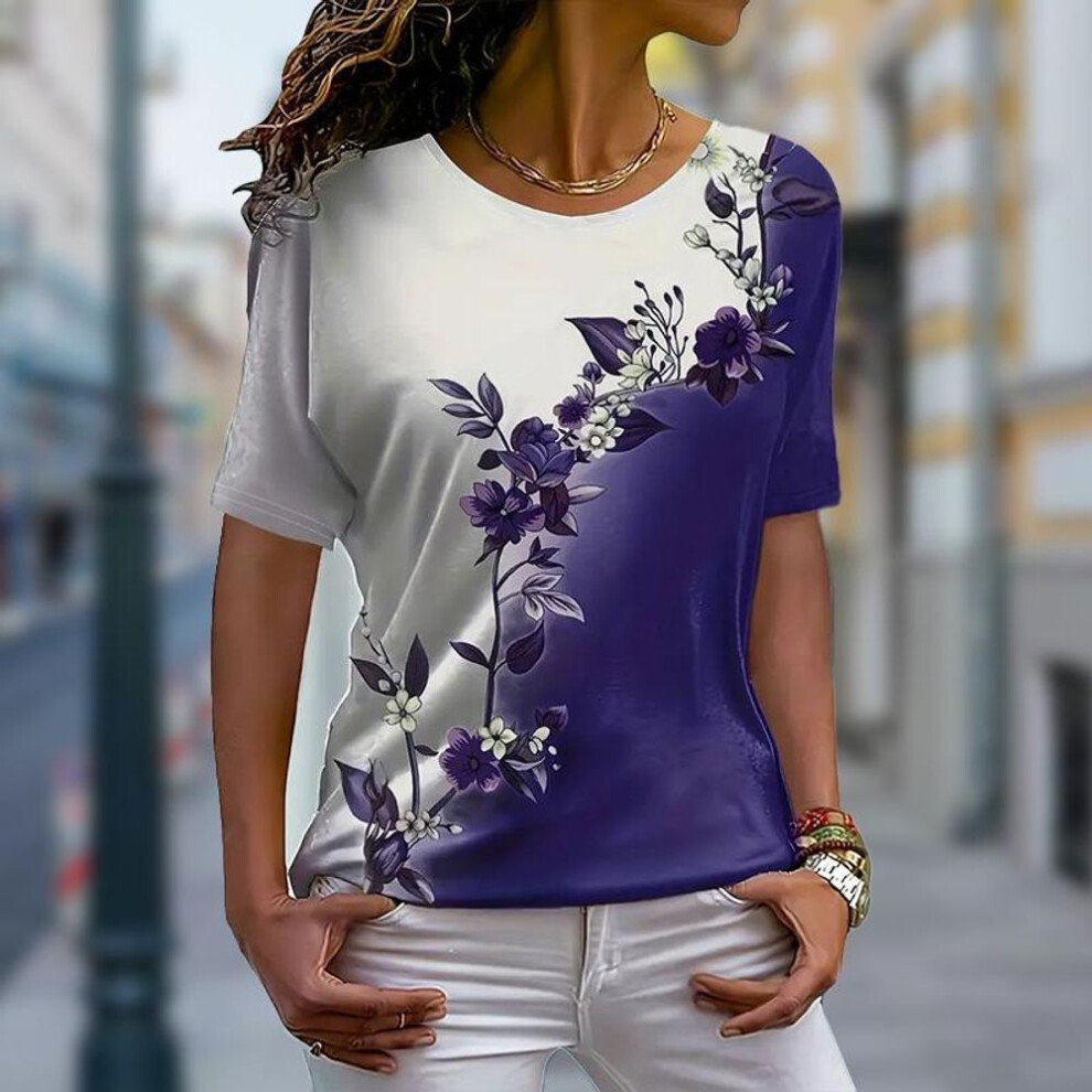 (3XL, purple) Women Summer T Shirt  Print Beautiful Flowers Short Sleeve Tees Casual   Printed  Tops