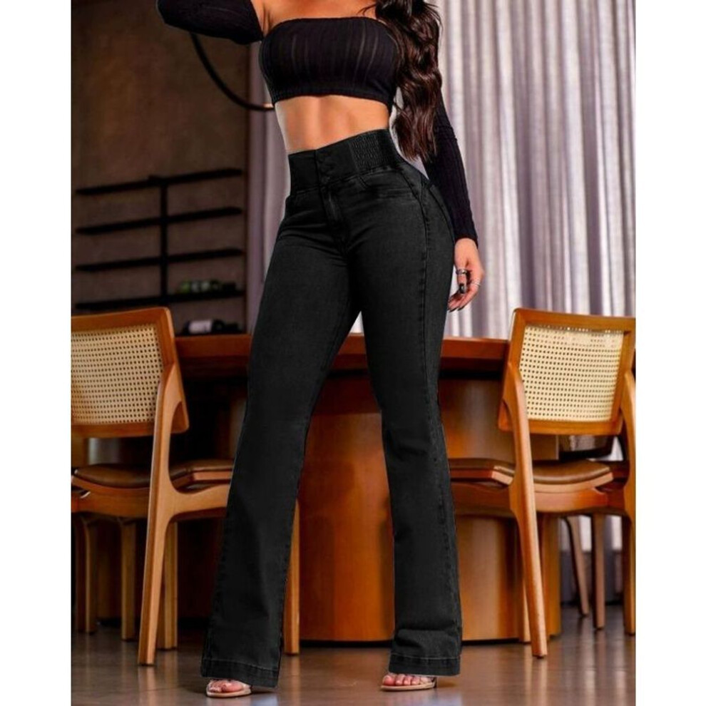 (black, XL) Women's Elastic Waist Head High Waist Stretch Skinny Micro Lift Hip Long Jeans
