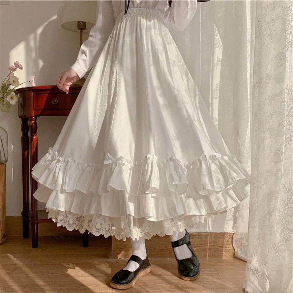 (M, white) Y2k Clothes Japanese Ruffled Hem White Skirt Women Lolita High Waist Pleated Skirt Women's Gothic Double Layer A Line Skirt Jupe