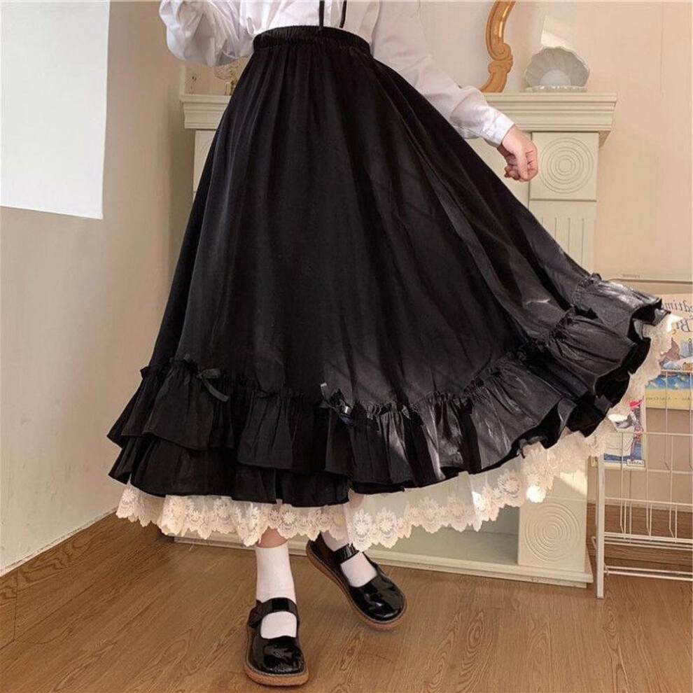 (M, black) Y2K Clothes Japanese Ruffled Hem White Skirt Women Lolita High Waist Pleated Skirt Women's Gothic Double Layer A Line Skirt Jupe