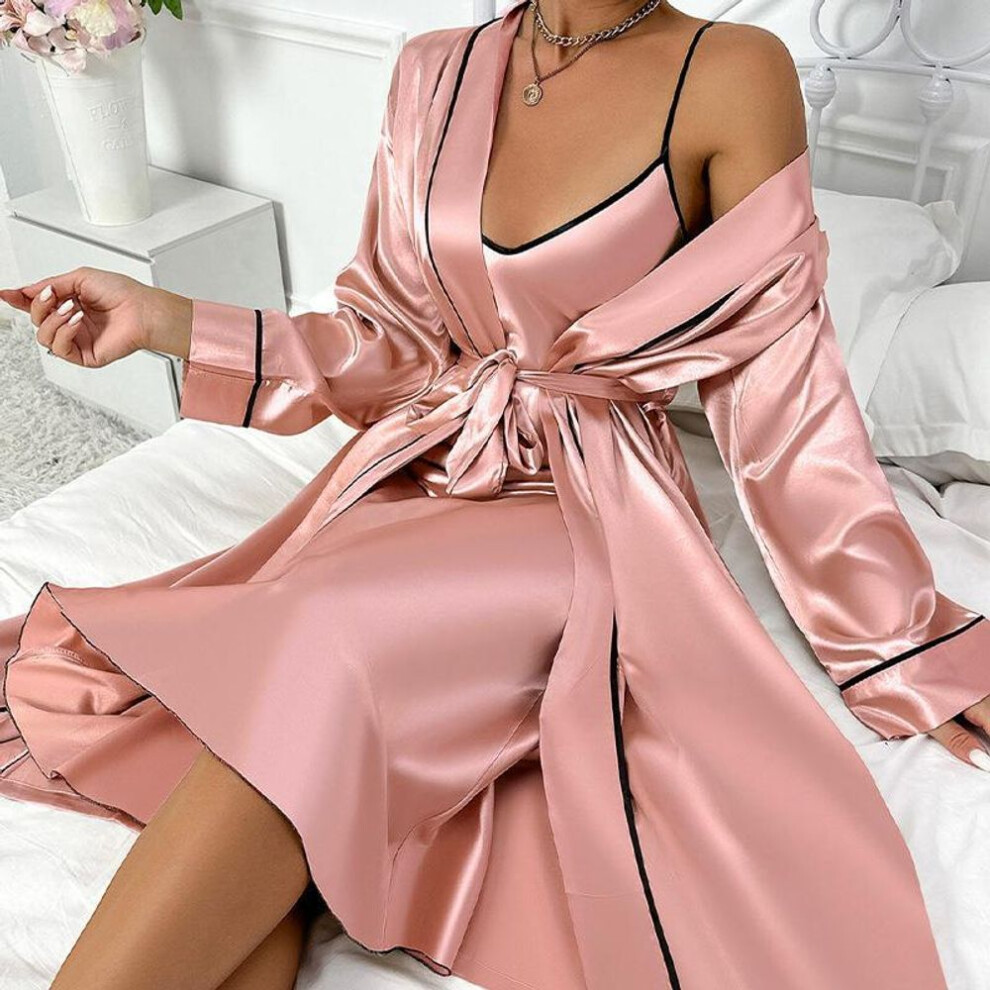 (pink, XL) Plus Size Women's New Ice Silk Sexy Can Be Worn Outside The Home Dress Cardigan Strap Halter Skirt Gown Suit