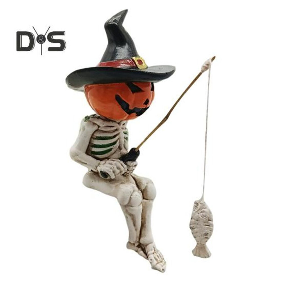 (as the picture, B) Halloween Fishing Skeleton Figurine Spooky Sitting Pumpkin Head Skeleton Resin Statue Sculpture Outdoor Garden Pond Fountain Pool Side Decoration