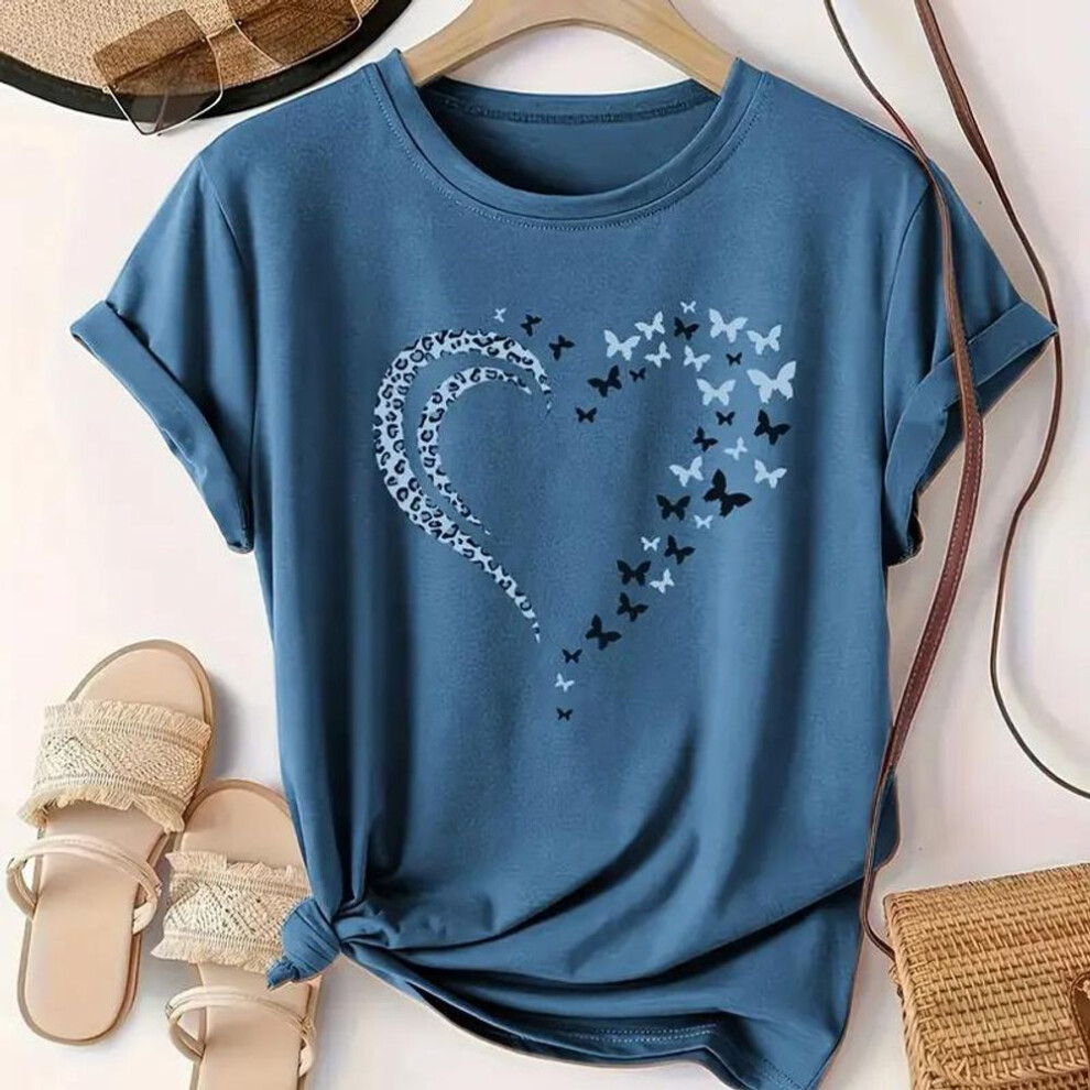 (6XL, blue) Women Summer T Shirt  Print Love Pattern Short Sleeve Tees Casual   Printed  Tops