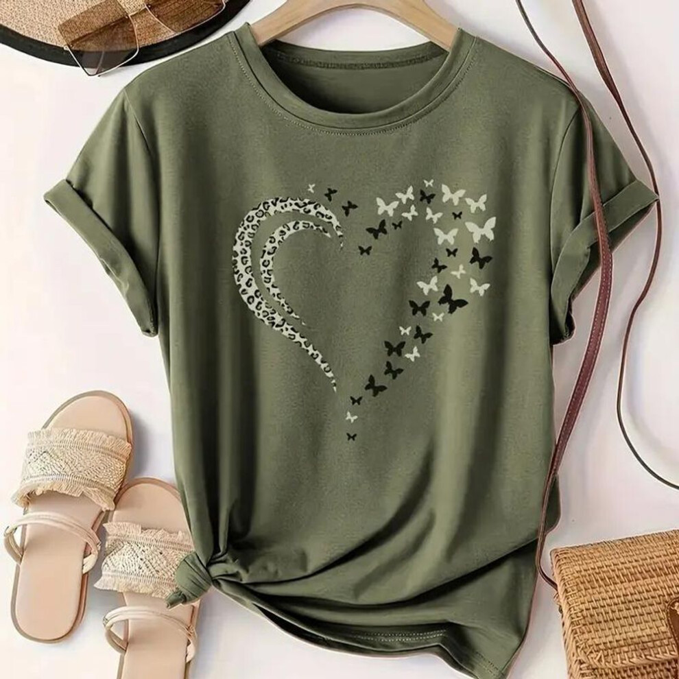 (L, green) Women Summer T Shirt  Print Love Pattern Short Sleeve Tees Casual   Printed  Tops