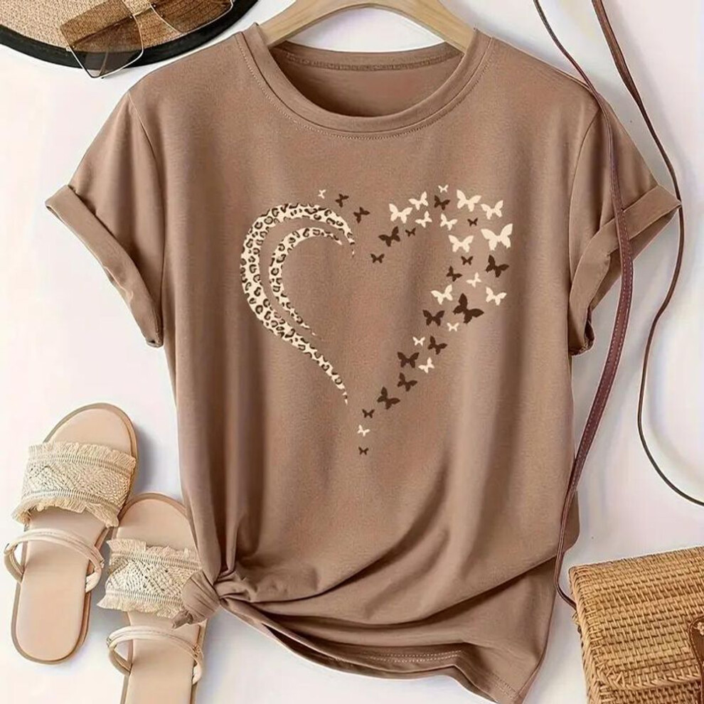 (8XL, brown) Women Summer T Shirt  Print Love Pattern Short Sleeve Tees Casual   Printed  Tops