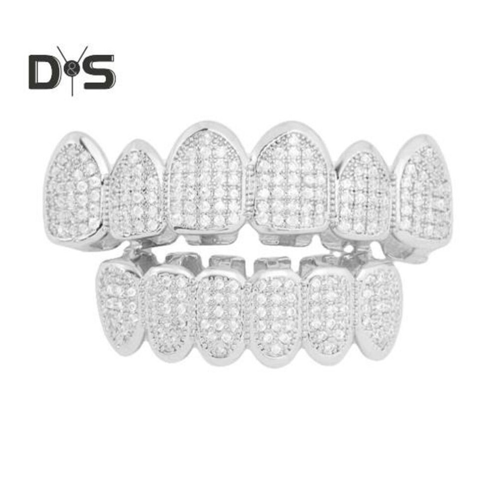 (as the picture, 1 Set) 1/2pcs Rhinestone Teeth Grills Set Removable Tooth Cap Healthy Metal Top Bottom Mouth Grill Hip-hop Punk Style Dental Jewelry
