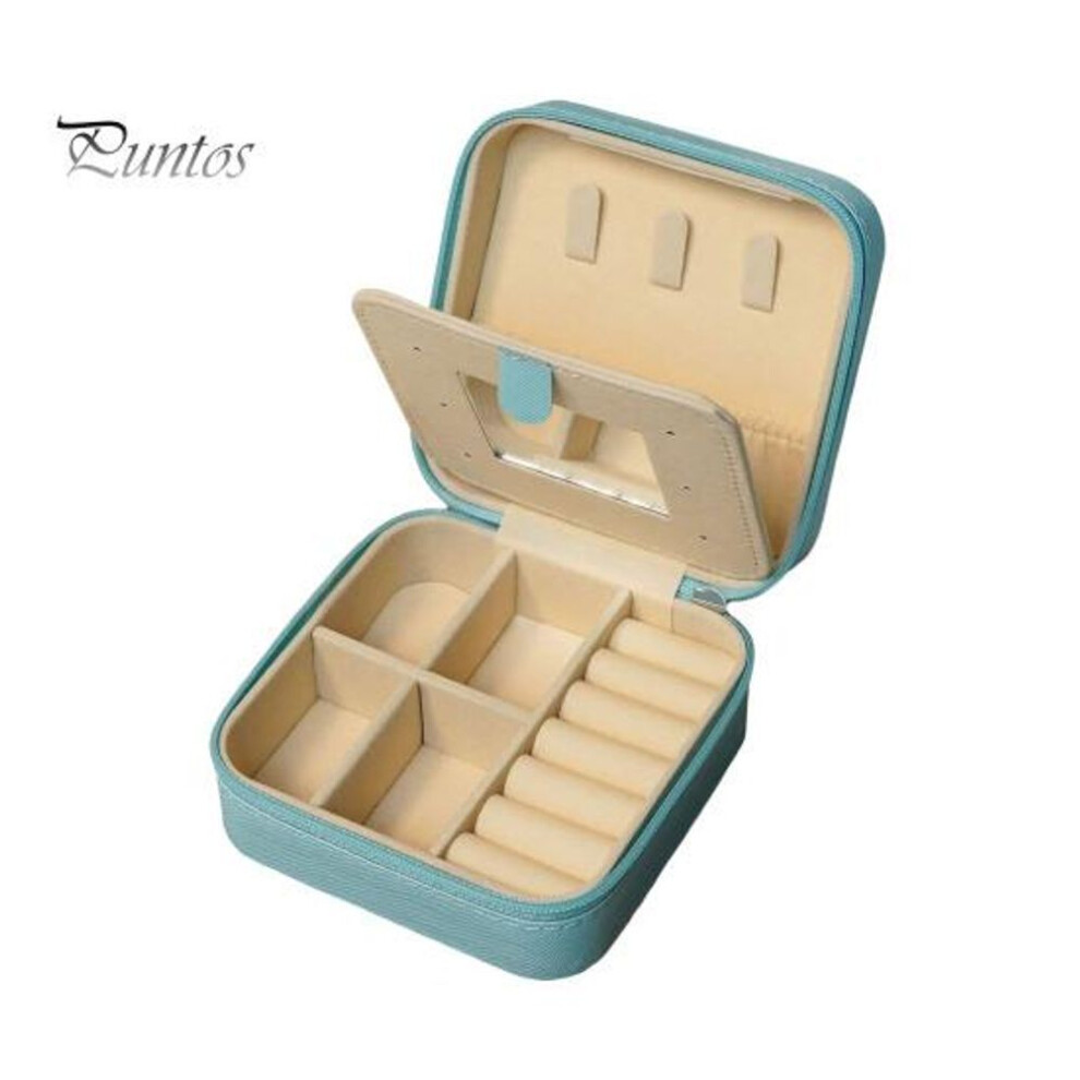 (blue) Jewelry Storage Box With Soft Lining Zipper Closure Multiple Compartments Earrings Essentials Small Jewelry Box With Mirror