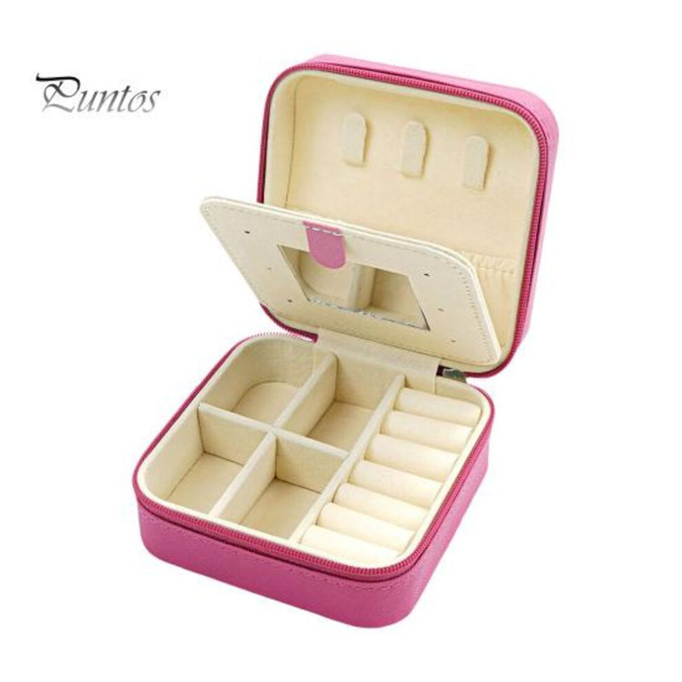 (rose red) Jewelry Storage Box With Soft Lining Zipper Closure Multiple Compartments Earrings Essentials Small Jewelry Box With Mirror