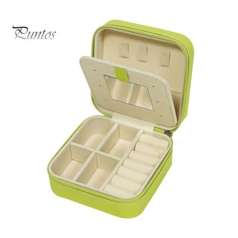 (green) Jewelry Storage Box with Soft Lining Zipper Closure Multiple Compartments Earrings Essentials Small Jewelry Box with Mirror