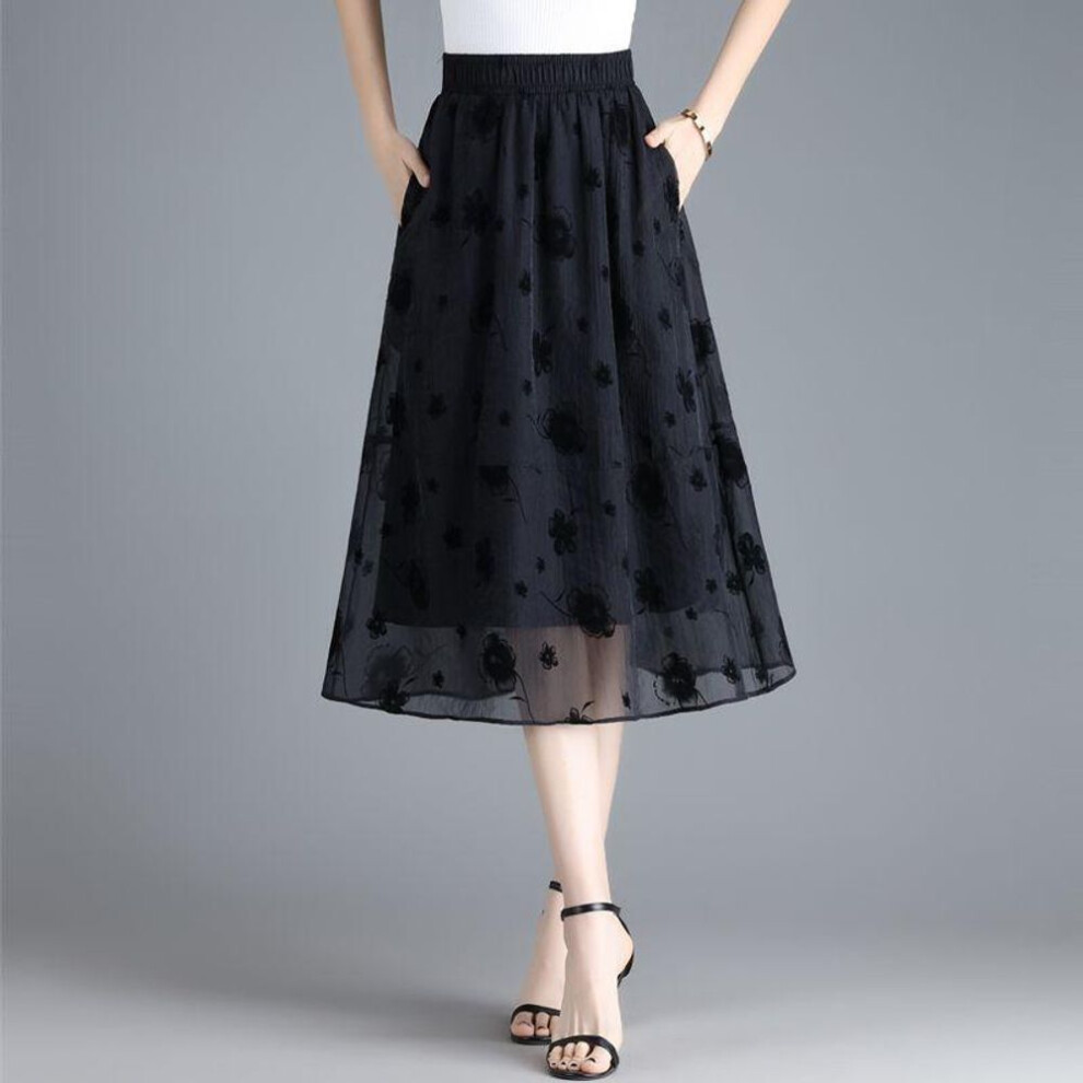 (M, black) Summer Women's Organza Midi Skirt New Stylish Printed Large Swing Skirt High Waist Hanging Yarn Skirt