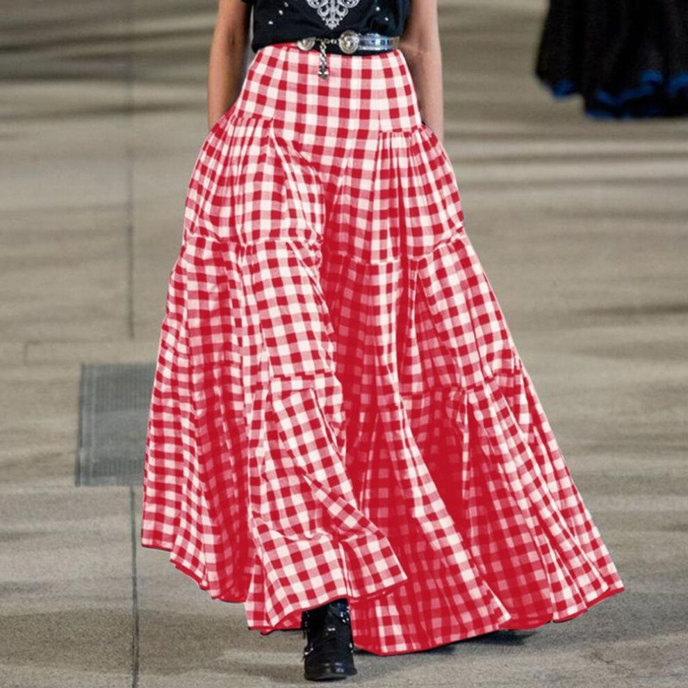 (4XL, red) Vonda Women Vintage Elastic Waist Plaid Loose Skirts