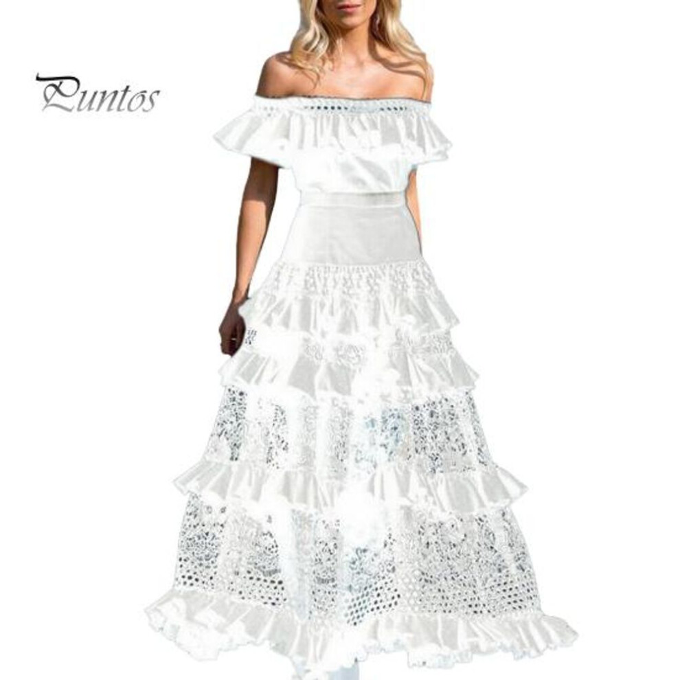 (white, S) Lady Bandeau Dress Hollow Out Off Shoulder Patchwork Flower Embroidery Maxi Dress Ruffle Lace Prom Party Wedding Dress